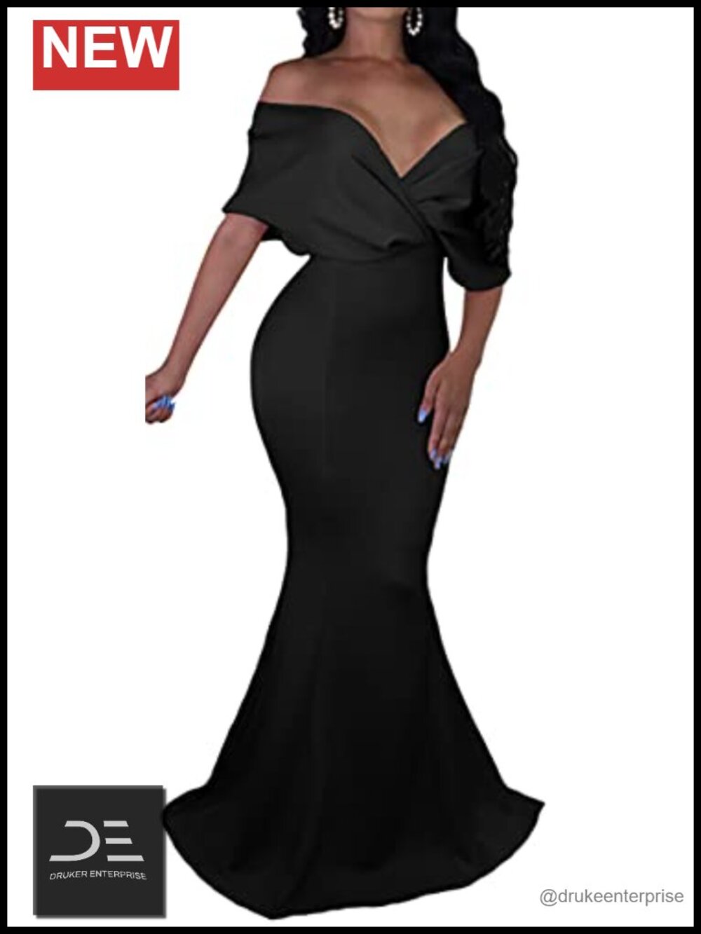 Sexy V Neck Off Shoulder Evening Gown Fishtail Maxi Dress